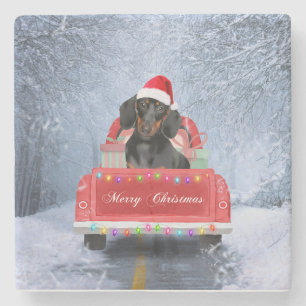 Dachshund Dog in Snow sitting in Christmas Truck  Stone Coaster
