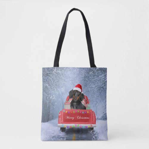 Dachshund Dog in Snow sitting in Christmas Truck Tote Bag