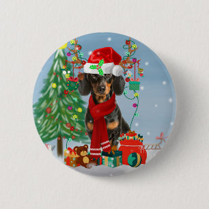 Dachshund Dog in Snow with Christmas Gifts Button