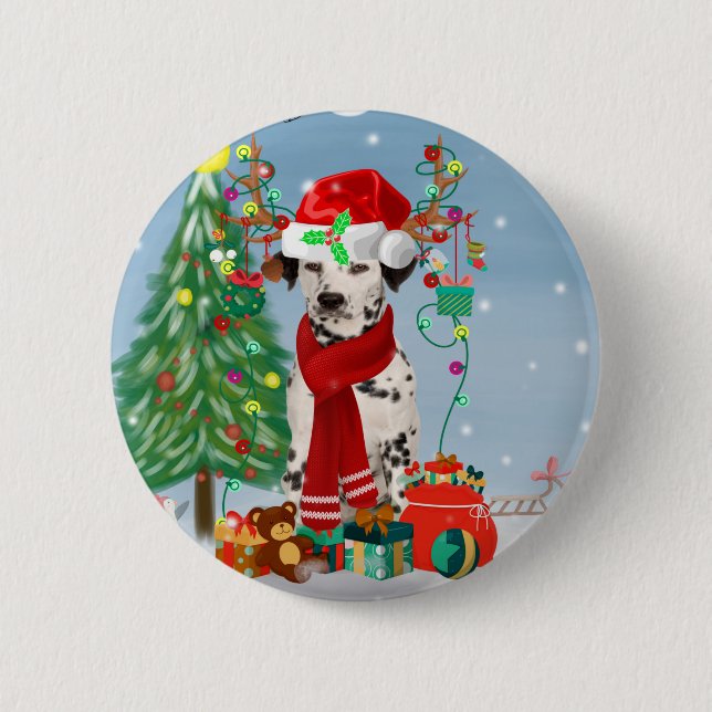 Dachshund Dog in Snow with Christmas Gifts   Button (Front)