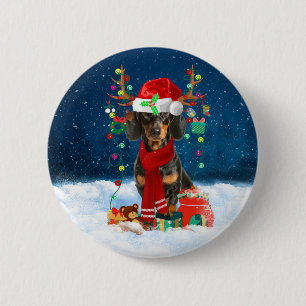 Dachshund Dog in Snow with Christmas Gifts Button