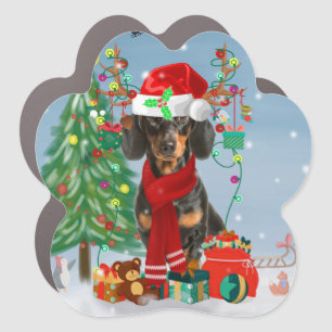 Dachshund Dog in Snow with Christmas Gifts   Car Magnet