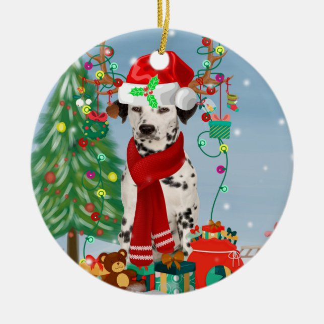 Dachshund Dog in Snow with Christmas Gifts   Ceramic Ornament (Front)