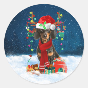 Dachshund Dog in Snow with Christmas Gifts  Classic Round Sticker