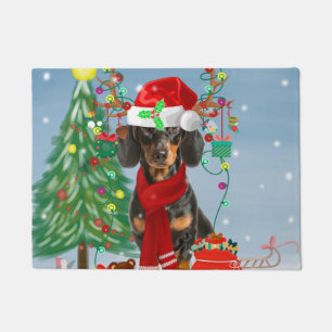 Dachshund Dog in Snow with Christmas Gifts Doormat