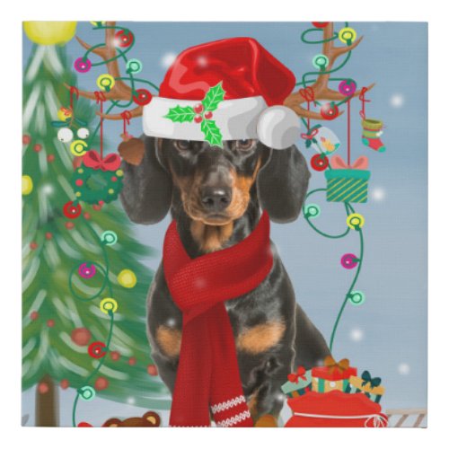 Dachshund Dog in Snow with Christmas Gifts  Faux Canvas Print