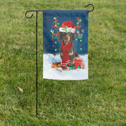 Dachshund Dog in Snow with Christmas Gifts Garden Flag