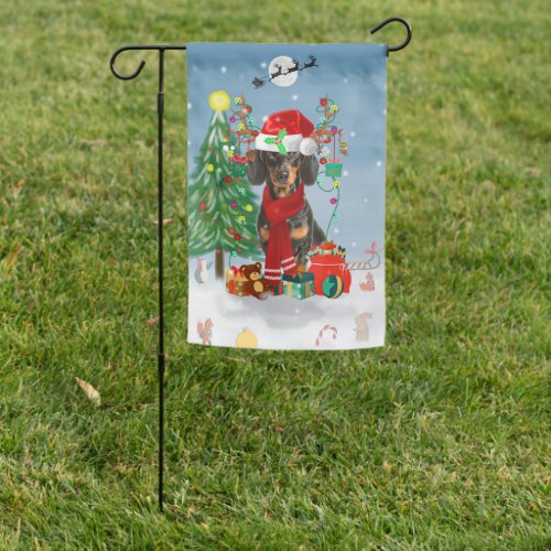 Dachshund Dog in Snow with Christmas Gifts   Garden Flag