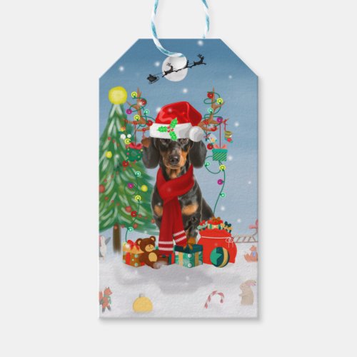 Dachshund Dog in Snow with Christmas Gifts   Gift Tags