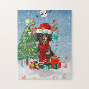Dachshund Dog in Snow with Christmas Gifts Jigsaw Puzzle