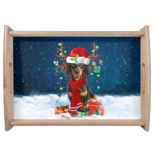 Dachshund Dog in Snow with Christmas Gifts Serving Tray
