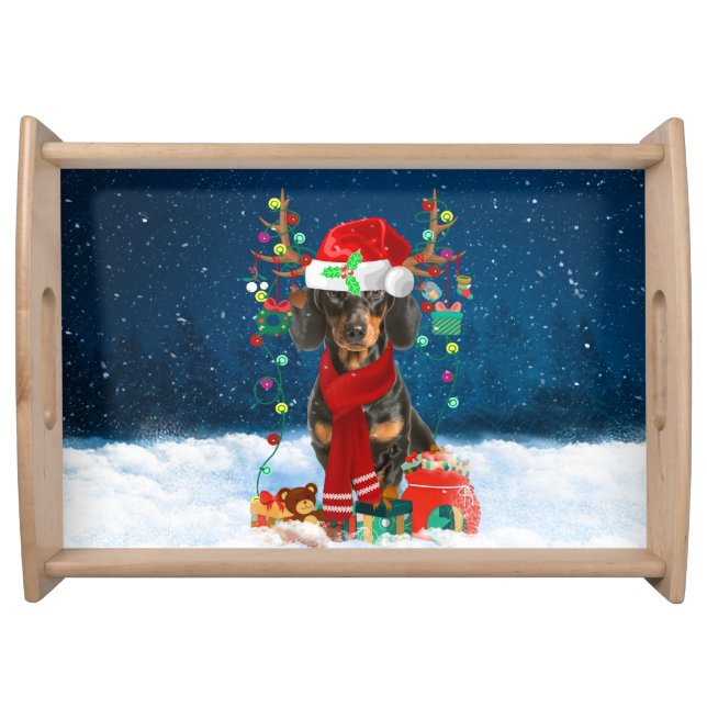 Dachshund Dog in Snow with Christmas Gifts Serving Tray (Front)