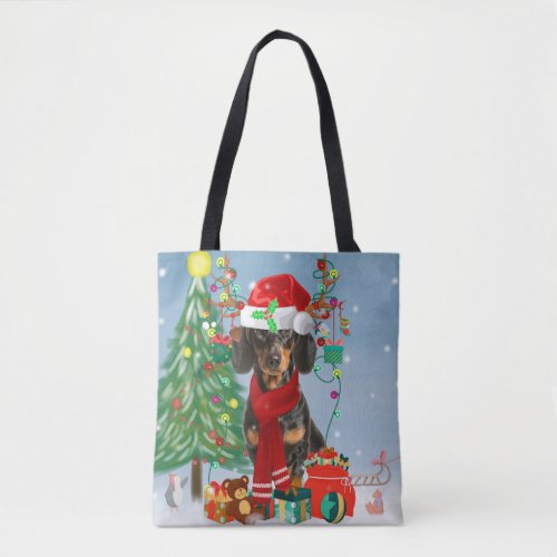 Dachshund Dog in Snow with Christmas Gifts   Tote Bag