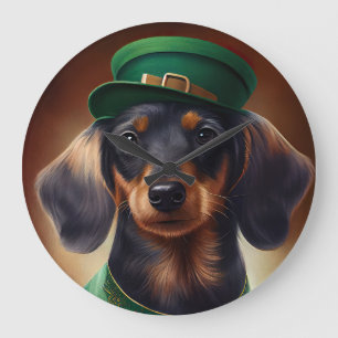 Dachshund Dog in St. Patrick's Day Dress Large Clock