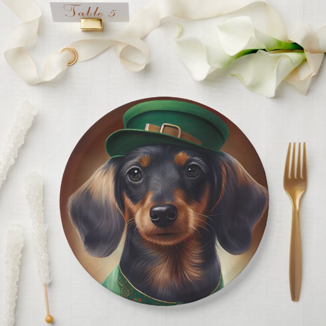 Dachshund Dog in St. Patrick's Day Dress Paper Plates (Wedding)