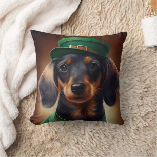 Dachshund Dog in St. Patrick's Day Dress Throw Pillow
