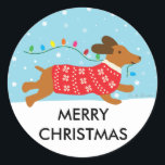 Dachshund Dog in the Snow Merry Christmas Classic Round Sticker<br><div class="desc">An illustration of a dachshund dog running in the snow. This playful Doxie is ready for fun, especially now that he's pulled the lights from the tree! The text says Merry Christmas but you can personalize it with your message. These stickers add a fun touch to envelopes, gifts and holiday...</div>