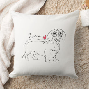 Dachshund Dog Line Art and Heart with Name Throw Pillow