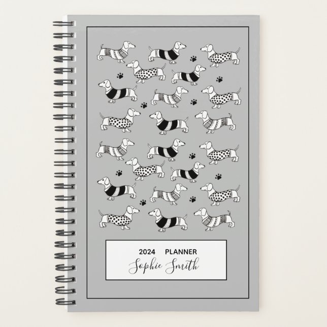 Dachshund Dog lovers Black & White 2024 Planner (Front)