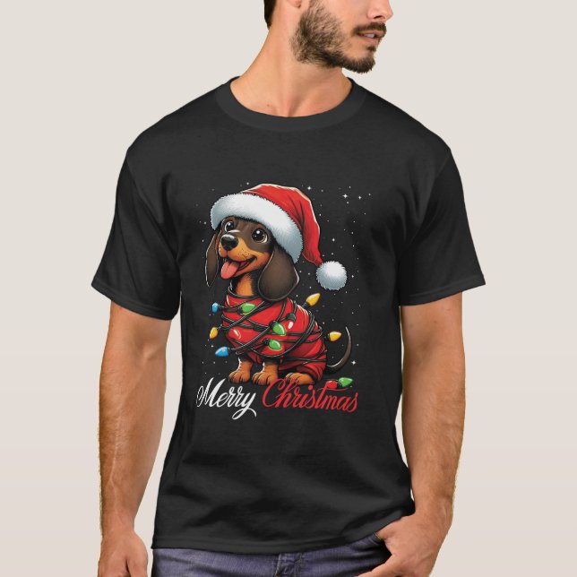 Dachshund Dog Merry Christmas Lights Santa Hat Xma T-Shirt (Front)