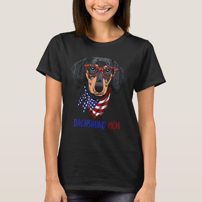 Dachshund Dog Mom Leopard Glasses Usa Flag 4th Of  T-Shirt (Front)