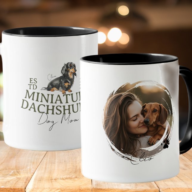 Dachshund Dog Mom Photo Mug (Elevate your kitchen set with this Custom Pet Portrait Dog Mom Miniature Dachshund mug! )