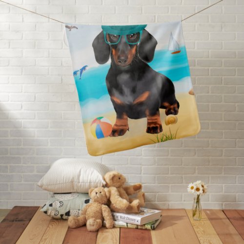 Dachshund Dog on Beach Baby Blanket