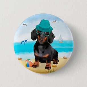 Dachshund Dog on Beach Button