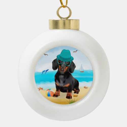  Dachshund Dog on Beach  Ceramic Ball Christmas Ornament