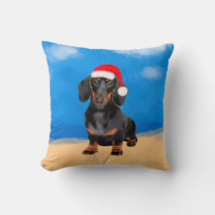 Dachshund Dog On Beach Christmas Hat Throw Pillow