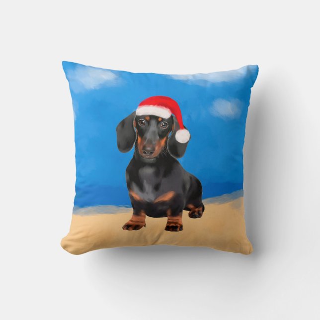 Dachshund Dog On Beach Christmas Hat Throw Pillow (Front)