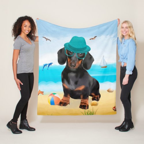 Dachshund Dog on Beach Fleece Blanket