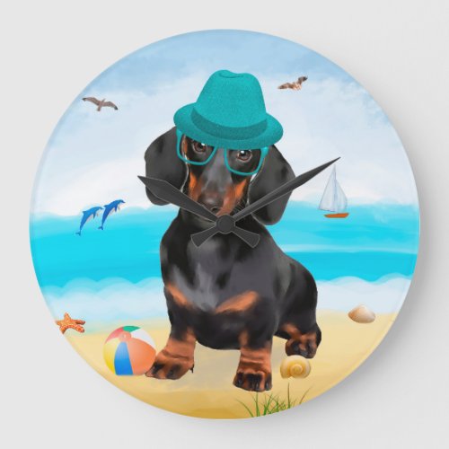 Dachshund Dog on Beach Large Clock
