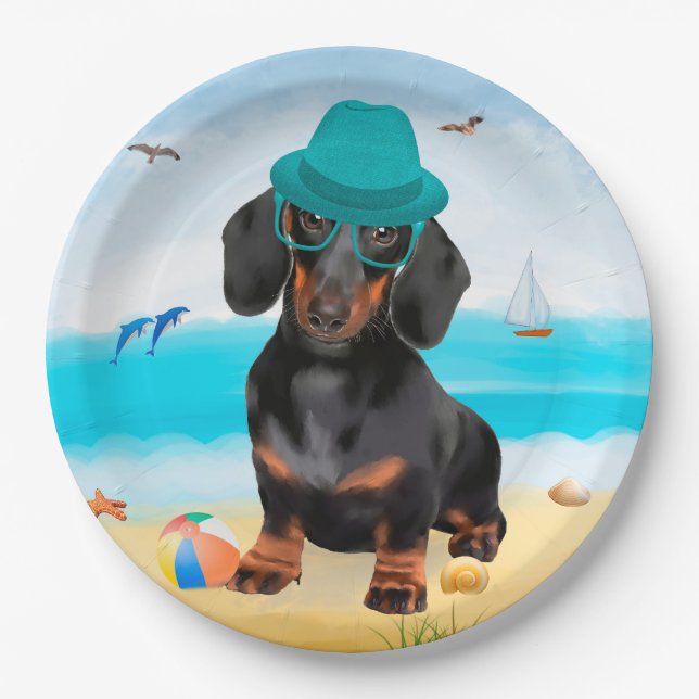 Dachshund Dog on Beach Paper Plates (Front)
