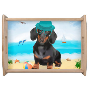 Dachshund Dog on Beach  Serving Tray