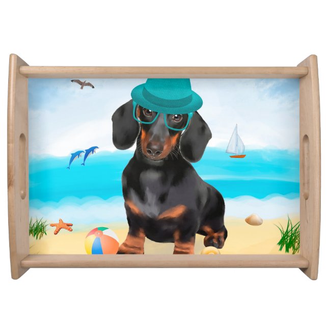 Dachshund Dog on Beach  Serving Tray (Front)
