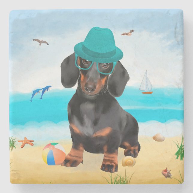 Dachshund Dog on Beach Stone Coaster (Front)
