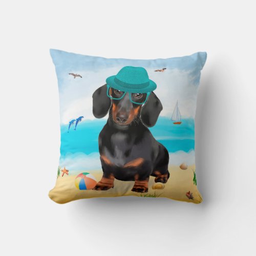 Dachshund Dog on Beach Throw Pillow