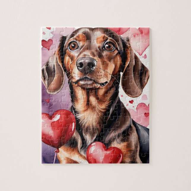 Dachshund Dog Pet Portrait Watercolor Valentine Jigsaw Puzzle (Vertical)