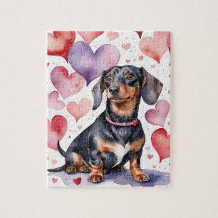 Dachshund Dog Pet Portrait Watercolor Valentine Jigsaw Puzzle