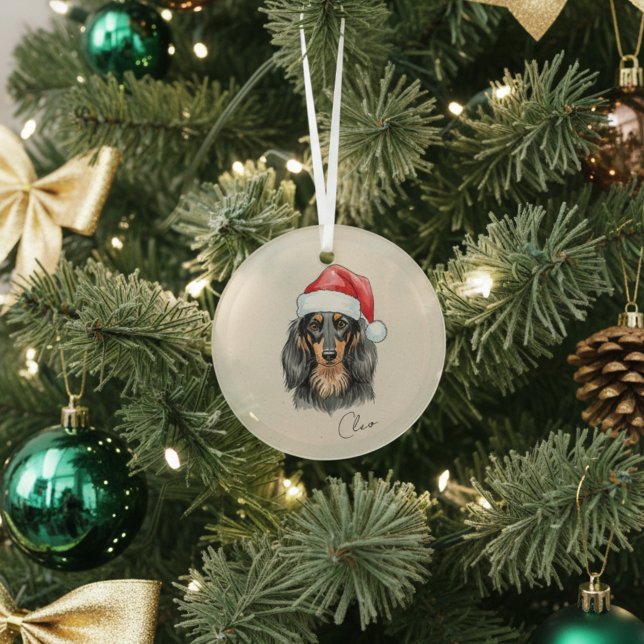 Dachshund Dog Portrait and Name Christmas  Glass Ornament (Add a special touch to your Christmas tree with this custom pet portrait ornament!)