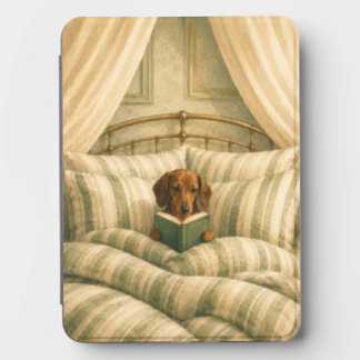 Dachshund Dog Reading in Bed Green Stripes Kindle Cover
