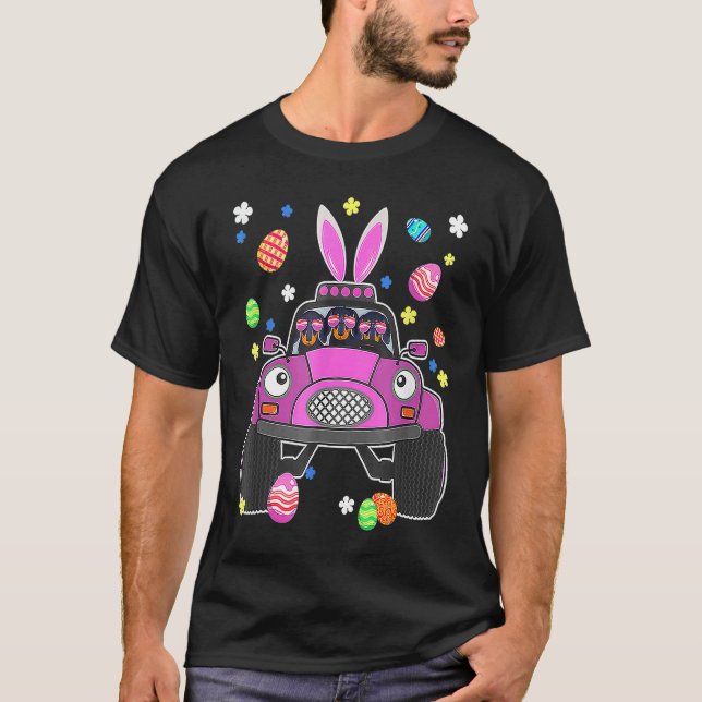 Dachshund Dog Riding Bunny Monster Truck  Easter D T-Shirt (Front)
