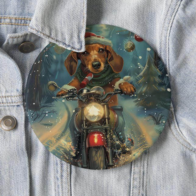 Dachshund Dog Riding Motorcycle Christmas Button (In Situ)