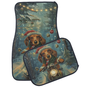 Dachshund Dog Riding Motorcycle Christmas Car Floor Mat