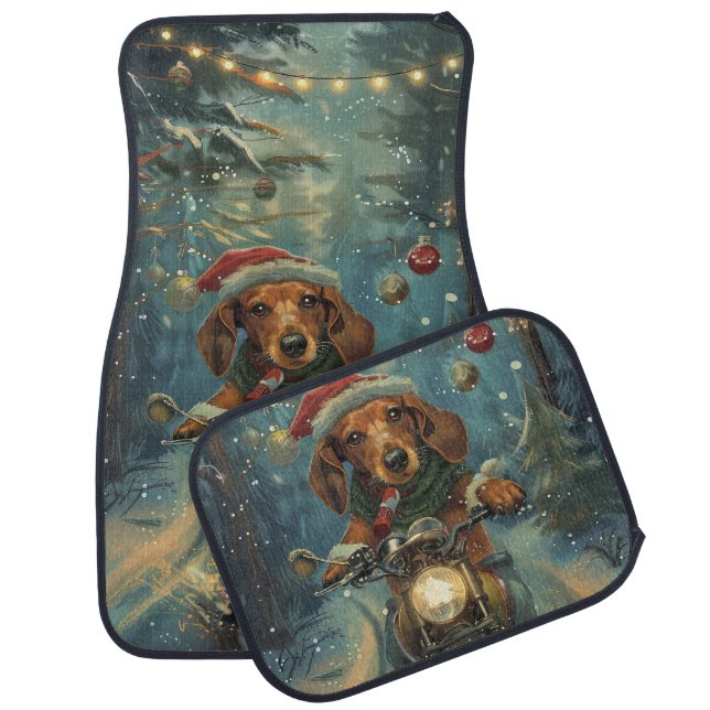 Dachshund Dog Riding Motorcycle Christmas Car Floor Mat (Set)