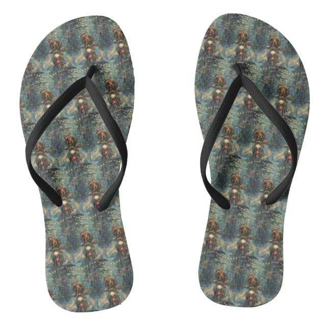 Dachshund Dog Riding Motorcycle Christmas Flip Flops (Footbed)
