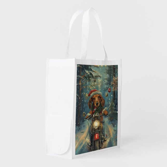 Dachshund Dog Riding Motorcycle Christmas Grocery Bag (Front Side)