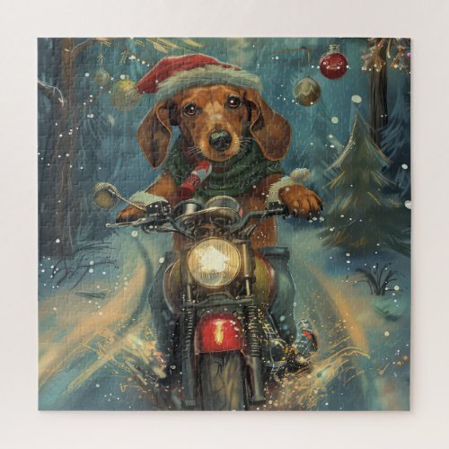 Dachshund Dog Riding Motorcycle Christmas Jigsaw Puzzle