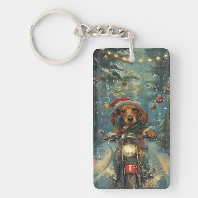 Dachshund Dog Riding Motorcycle Christmas Keychain (Front)